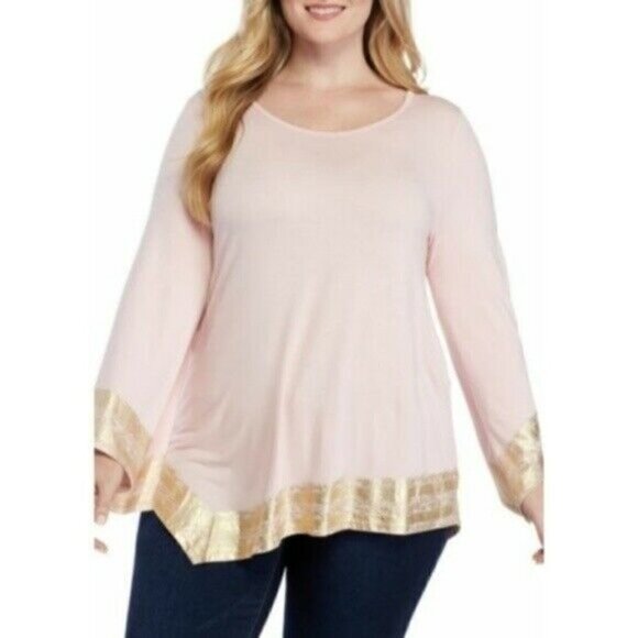 𝅺new Directions Pink Asymmetrical Foil Trim Jersey Tunic Top Plus Size 0X NWT - Picture 1 of 8